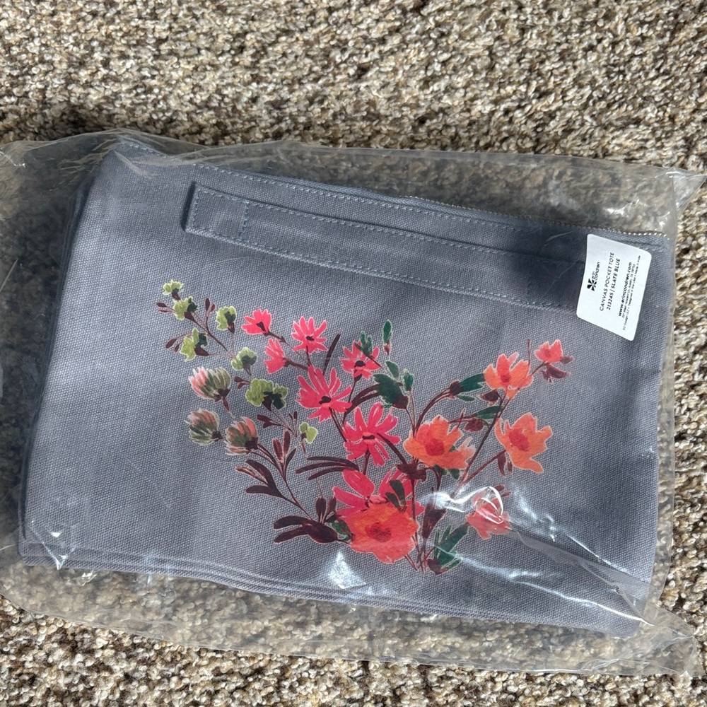 Erin Condren Accordion Zipper Pouch Floral in Gray with Pink & Orange Blooms